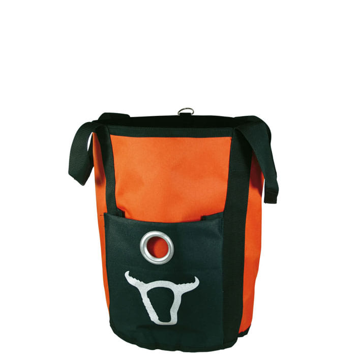 Professional bag, orange with black front pocket and white bull's head motif
