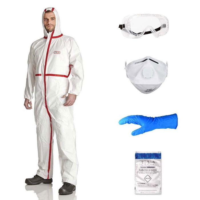 EPS Guard protective suit with red zipper and hood, goggles, breathing mask, blue glove and packaging
