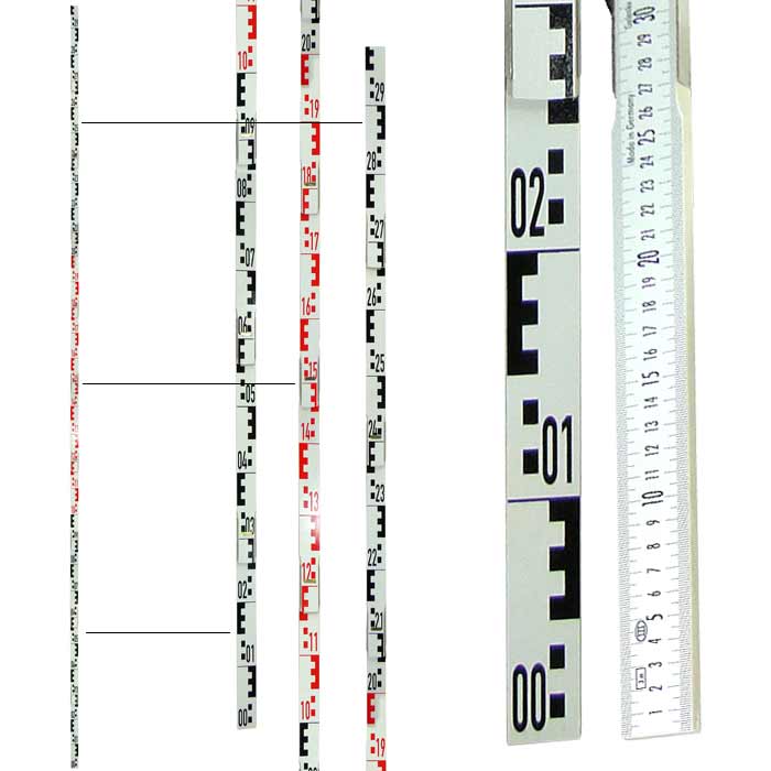 Geometer scale with white segments, black and red numbers and markings, partially pulled apart
