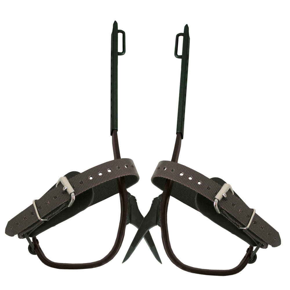 Buckingham Standard L crampons with brown straps and black metal tips for attachment to trees