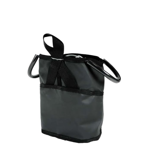 DMM Tool Bag 4, back of the black tool bag with large outer pocket, two metal eyelets on the sides and black loop at the top