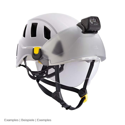 White PETZL Strato Vent helmet with clear face shield and mounted headlamp