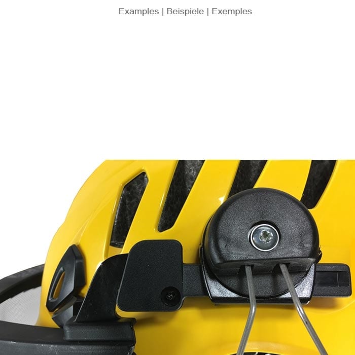 Close-up of the attachment mechanism of the ECC clear visor on a yellow helmet with black vents and black fastener