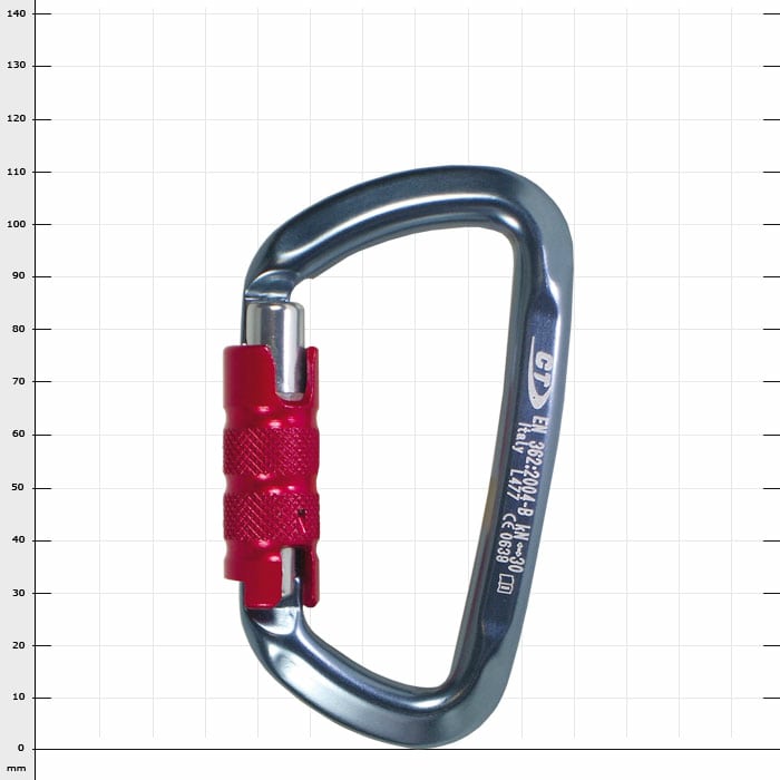Civetta D-Trilock carabiner with silver body and red locking mechanism, manufacturer GT, type D-Trilock