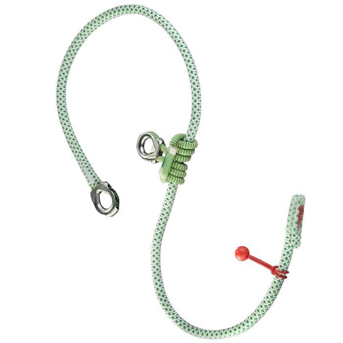 Green and white rope with metal eyelets at both ends, a knot and a red piece of plastic at the end, product name fimblSAVER