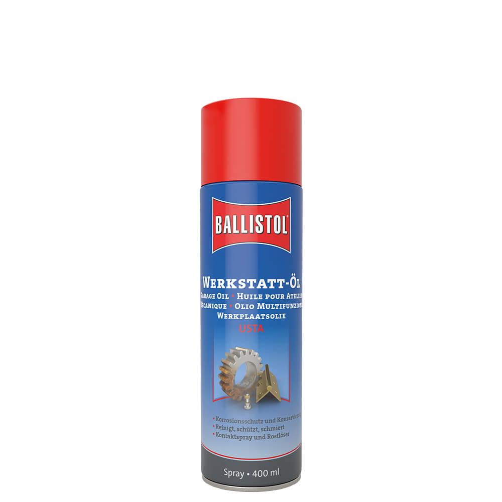 Ballistol Workshop Oil 0.4 Spray Can with Red Lid, Blue Label with White and Red Lettering, Illustration of Gear and Hinge, 400 ml Content