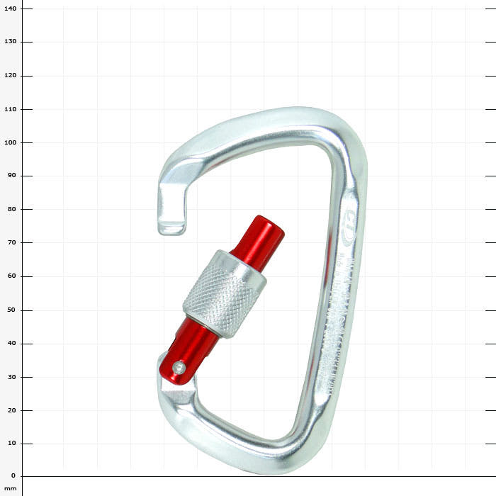 Classic D carabiner with red screw cap in open position