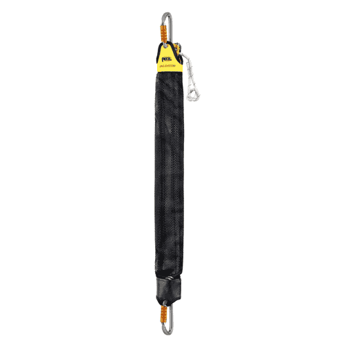 Petzl JAG System in black mesh bag with two silver carabiners with orange closures and yellow label