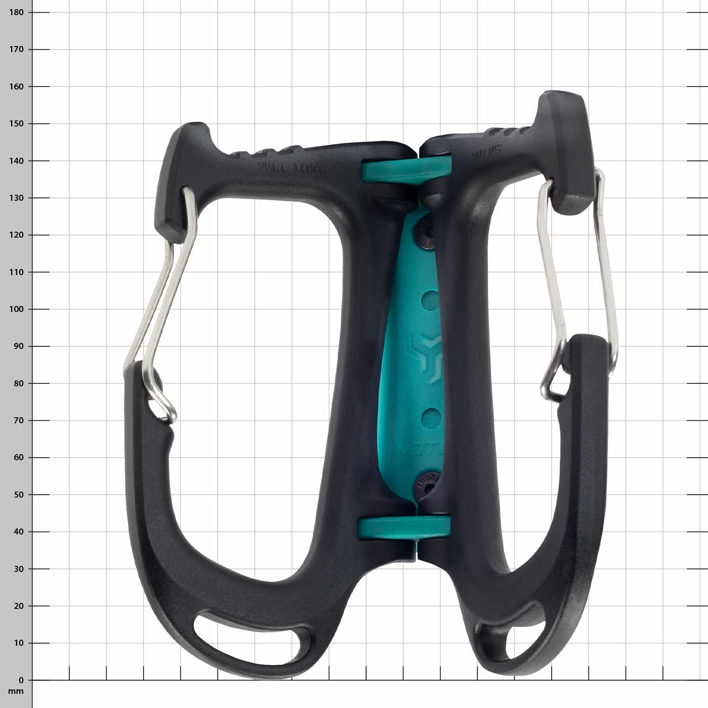 Cargo Tool Carrier, Black and Green Tool Carrier with Metal Clips, Frontal Against White Background with Grid