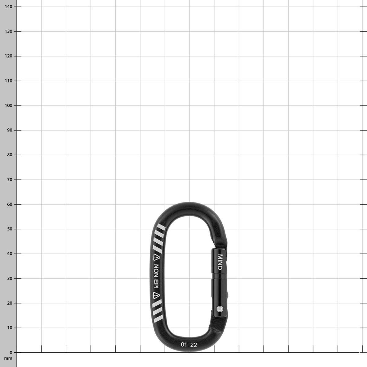 Mino carabiner by Petzl in black with white markings, MINO lettering and year 01 22 on the carabiner