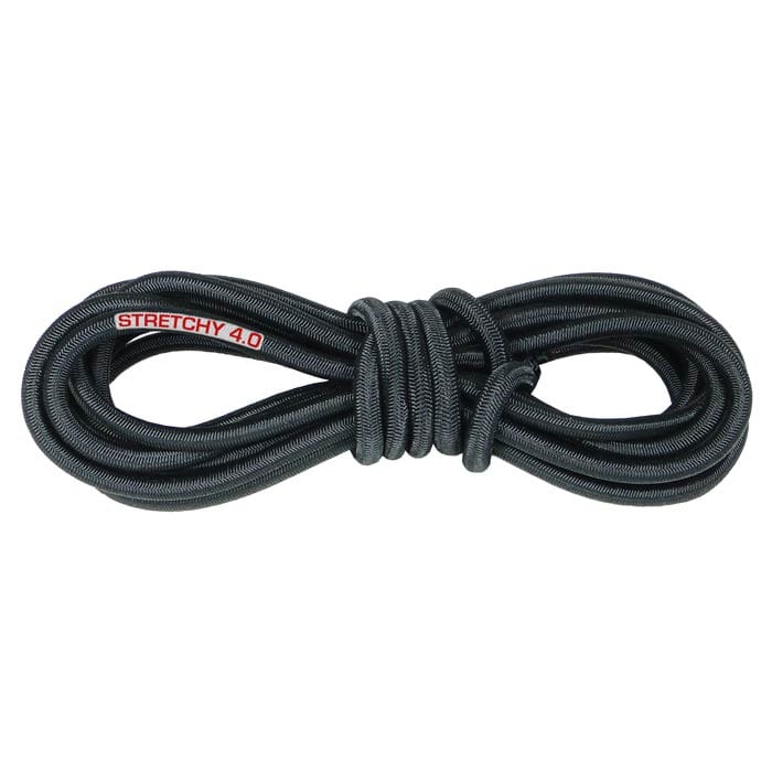 Black rolled-up Stretchy 4.0 climbing rope with red patch and white lettering on white background