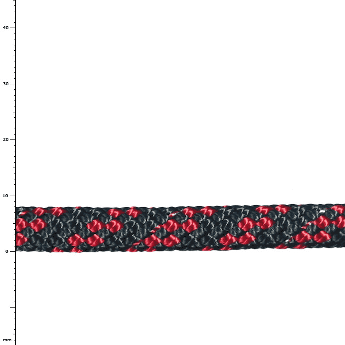 Sirius 8 rope, black with red and gray patterns, close-up of braiding and structure