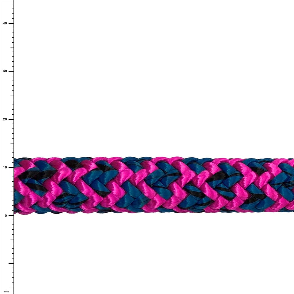 Atrax Pink braided rope in pink and blue, close-up on white background