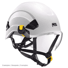 White Petzl helmet with black chin strap and clear Vizir shield with yellow and black clips