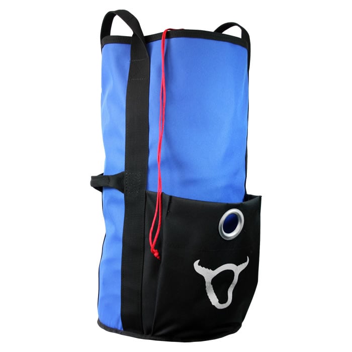 XL, blue and black bag with red cords and white bull's head logo on the front