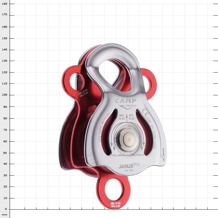 Janus Pro by CAMP, a silver and red metal pulley block with three mounting lugs and visible technical specifications on the front