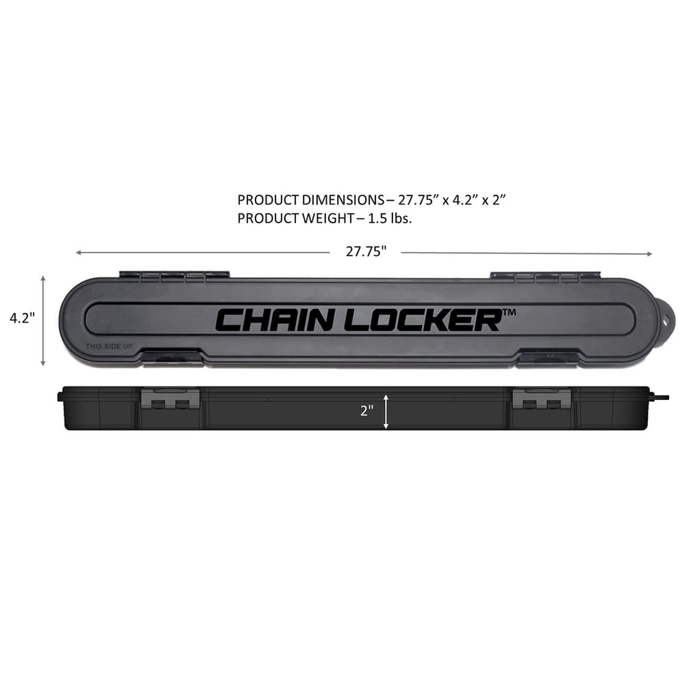 Chain Locker Black Plastic Chain Storage Box with Product Dimensions 27.75 x 4.2 x 2 inches Closed and Side