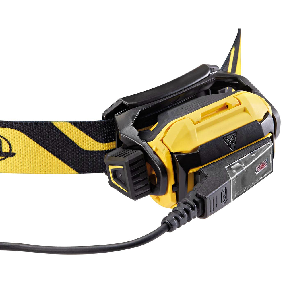 Petzl Pixa R headlamp with yellow and black headband, back with connection cable and clip mount