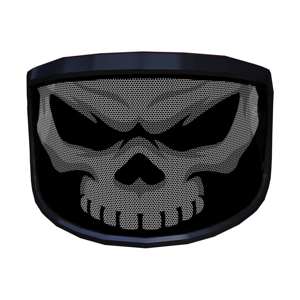PROTOS® Special Edition visor with black frame and white skull motif on black mesh fabric from the front, slightly viewed from above