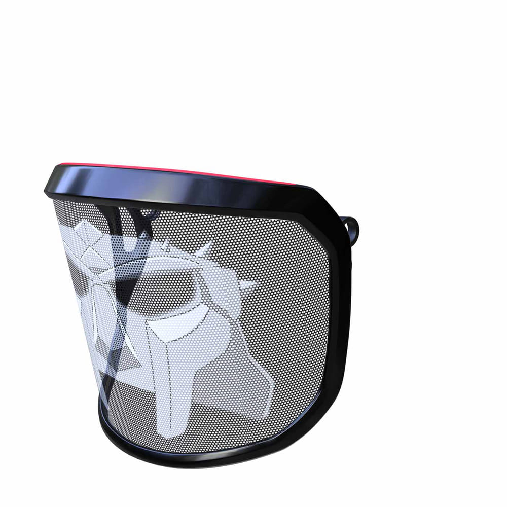 PROTOS® Visor Special Edition, black protective visor with white, stylized face motif and red border at the top, side view from the left