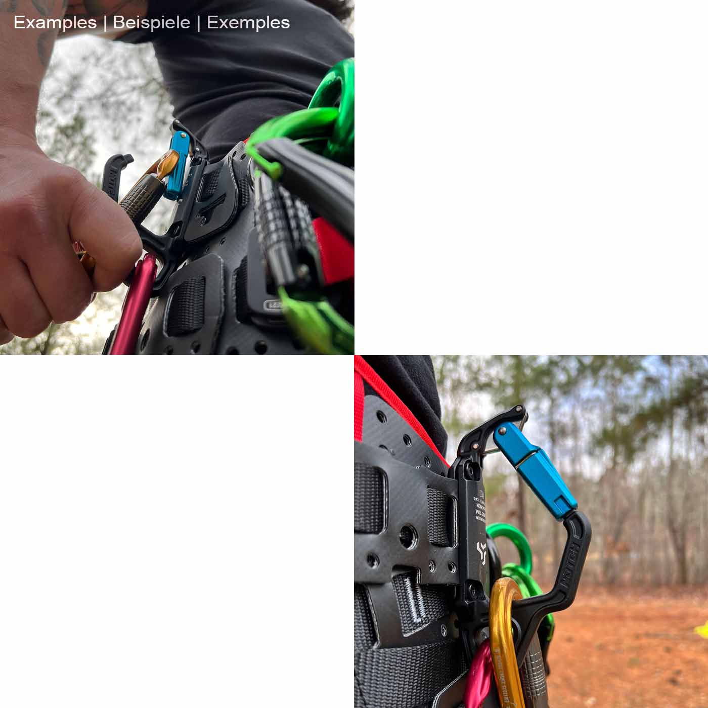 Man with climbing equipment attaches a blue swinger snap hook to a black belt with more carabiners