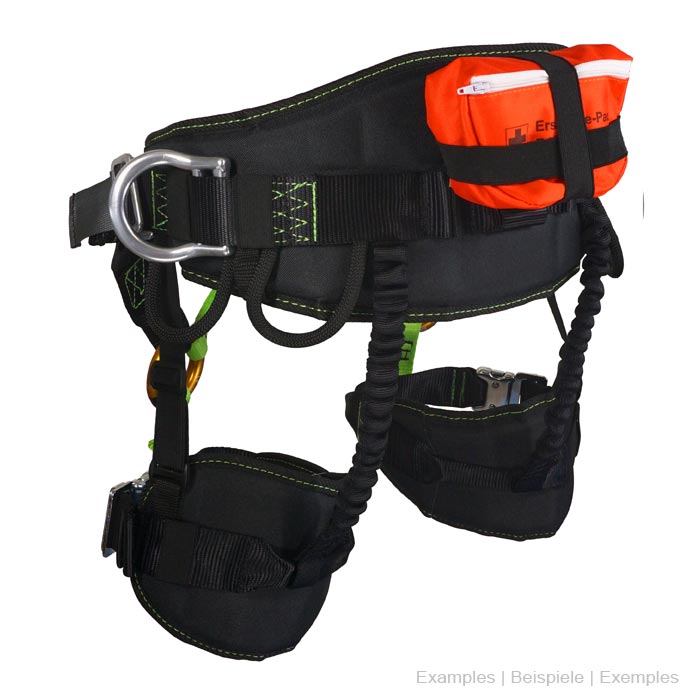 Treewor C side view of black and green harness with an orange first aid kit on the side