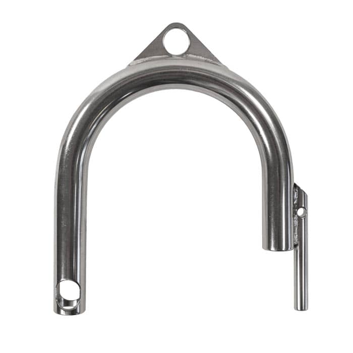 Approach metal throwing hook, silver-colored, arc-shaped with two holes and a small pin at the top
