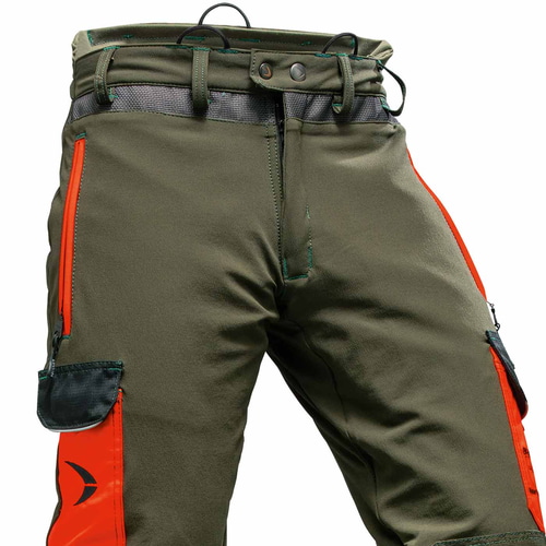 Close-up of the Arborist Slim Fit Work Pants in Olive Green with details on waistband, zipper and buttons