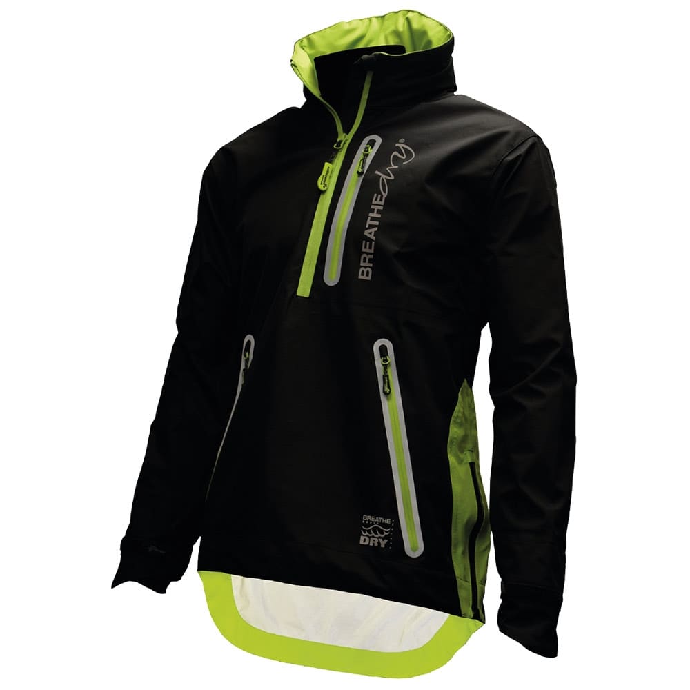 BreatheDry Smock Black Jacket with Green Details, Zippered Pockets and High Collar