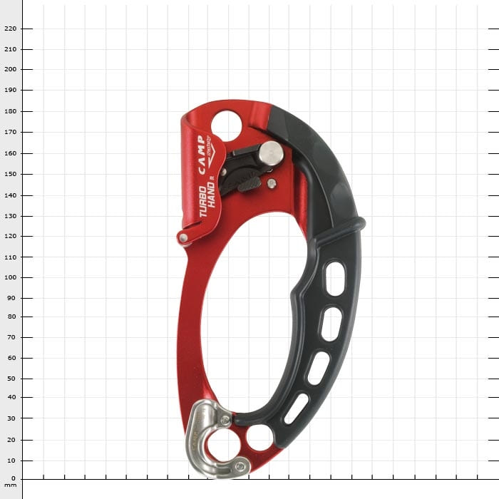 Red and Black CAMP Turbohand Pro R Belay Device with Metal Lock and Handle Opening Against White Background