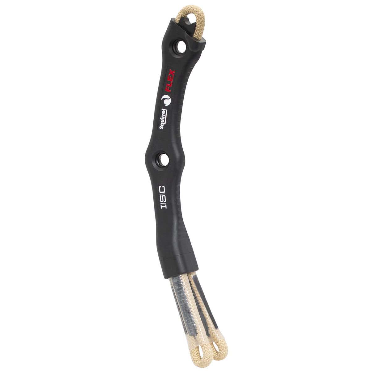 Squirrel Flex Tether by ISIC, black flexible connector with beige loops at both ends and two round holes
