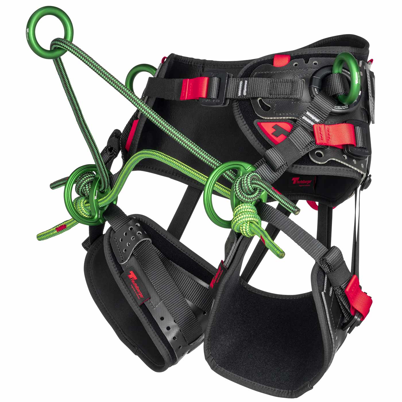 Side view of the treeMOTION Essential X tree climbing harness from Teufelberger with black and red elements and green metal rings