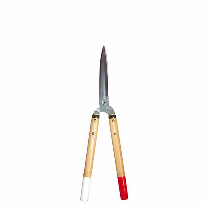 Okatsune hedge trimmer 54 with two wooden handles, one red and one white painted, and long, narrow blades