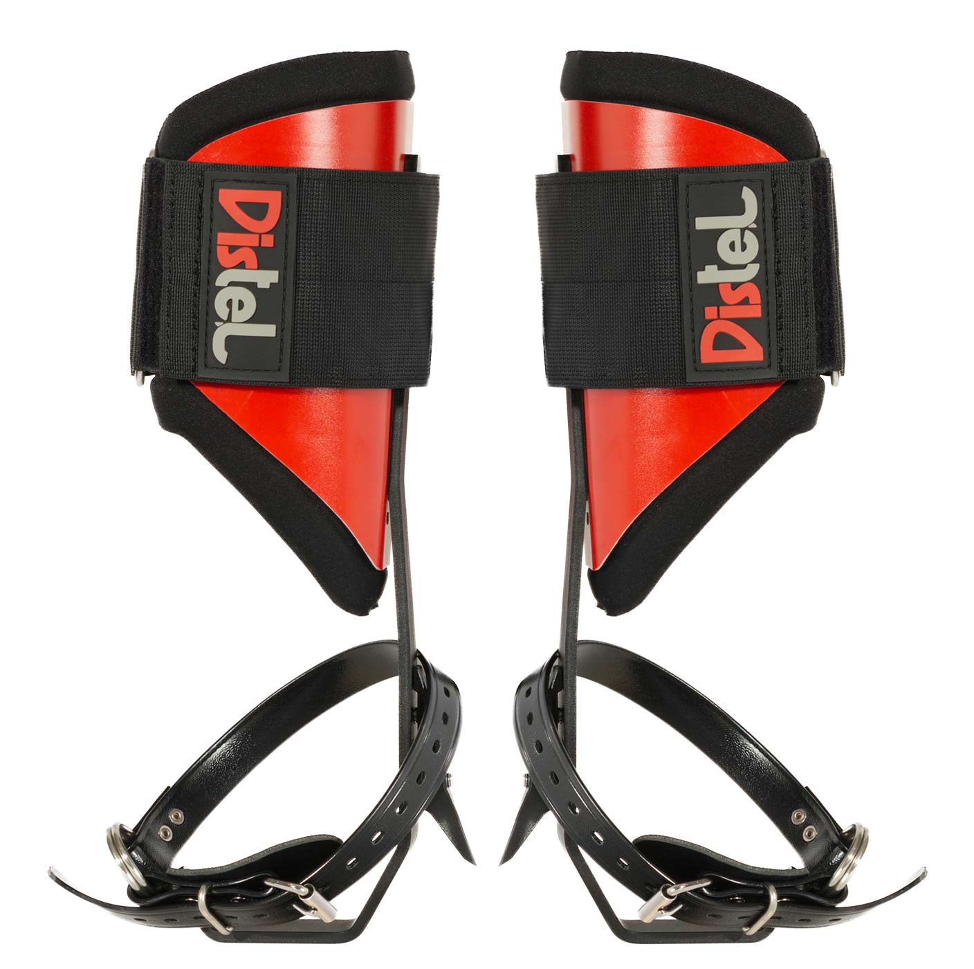 Distel Steel Classic, two red and black metal spur shoes with black straps and the lettering "Distel" on the black Velcro fasteners