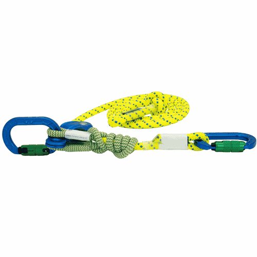 miniGLIDE yellow rope with blue carabiner and blue pulley, green loop and knot, lying flat