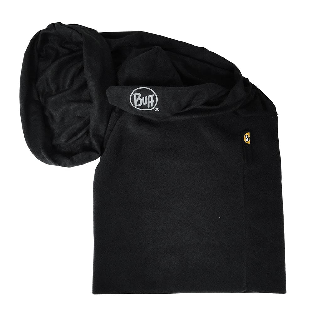 Polar BUFF in black, folded, soft piece of fabric with printed Buff logo and small yellow label