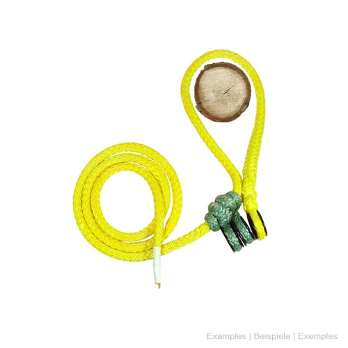 yellow rope with green knots and piece of wood on white background