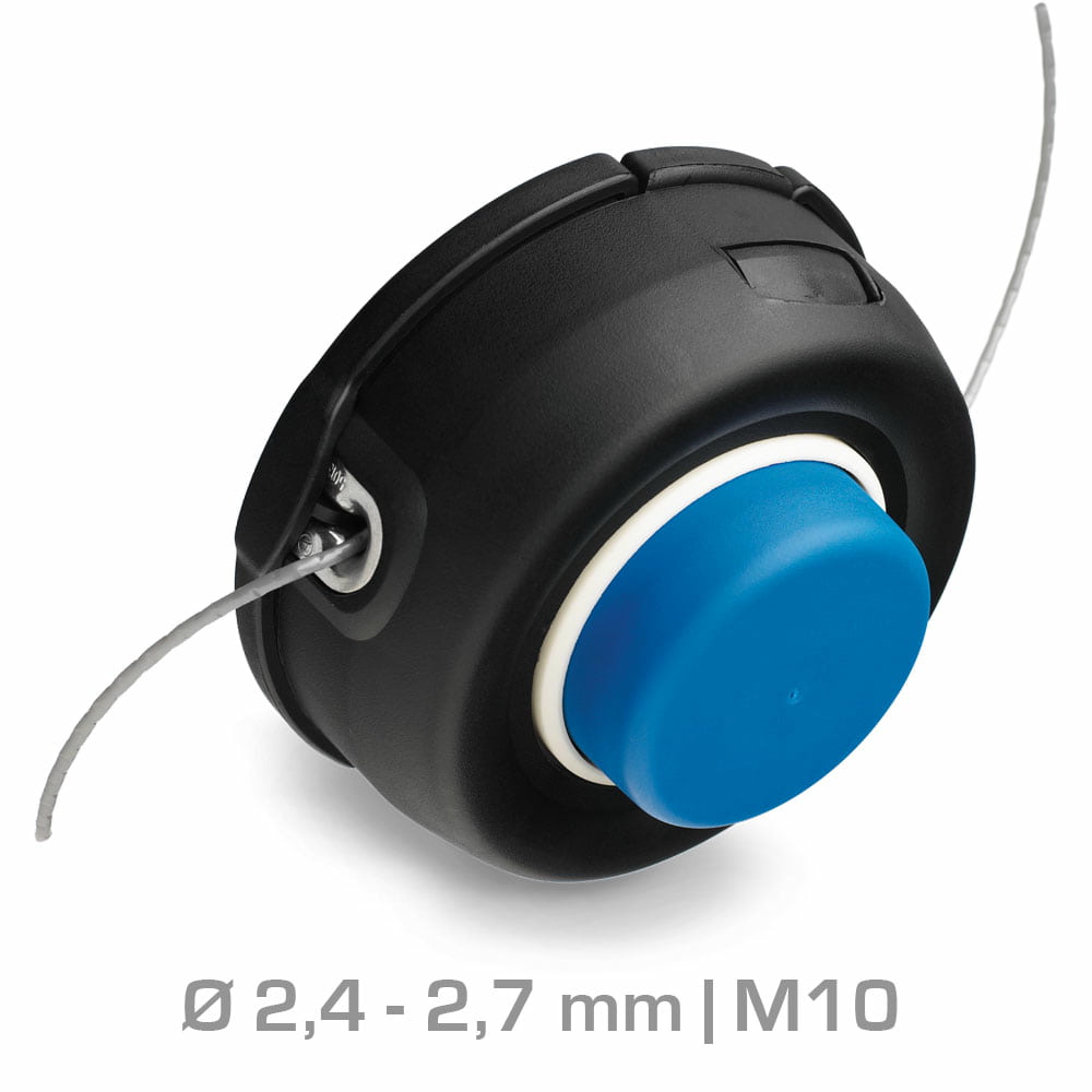 T35X M10 line spool with black housing and blue button, thread guide visible, diameter specification 2.4 - 2.7 mm