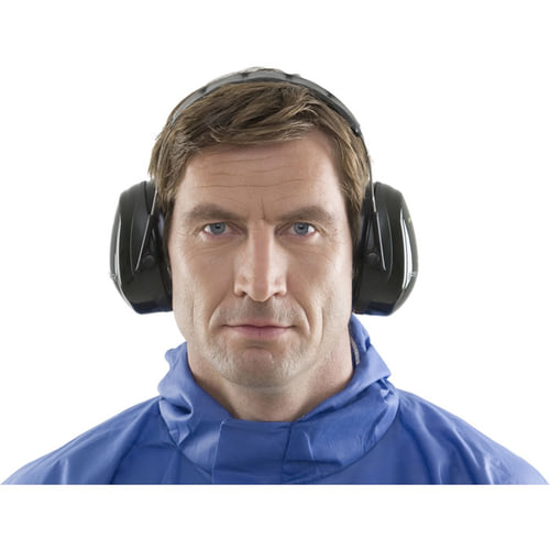 Man in blue work clothes wearing the Optime II hearing protection with underwire from Peltor