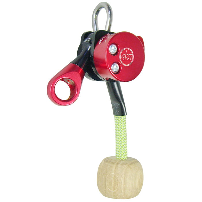 LockJack 2 climbing frame with red metal housing, red swivel, yellow-green rope and wooden handle