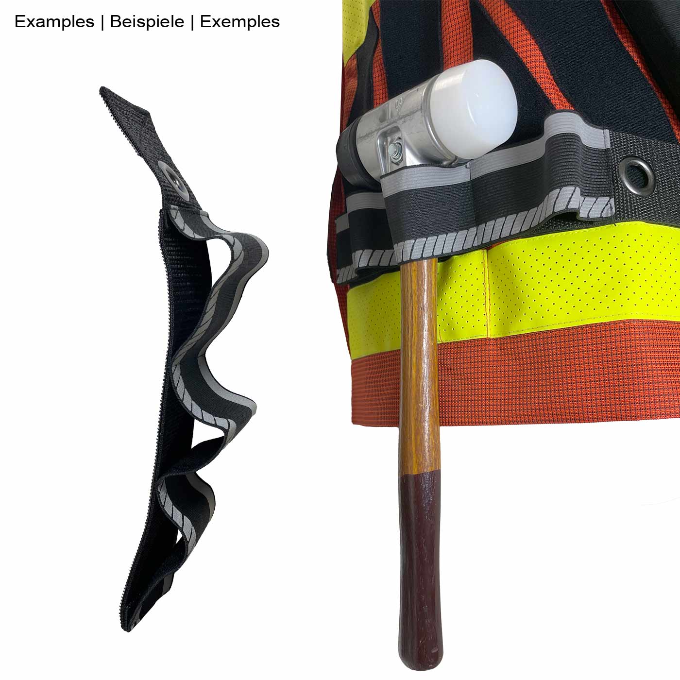 My Gear Vest Basic Set with Black Elastic Strap with Reflective Pattern, Attached to a Safety Vest with a Hammer