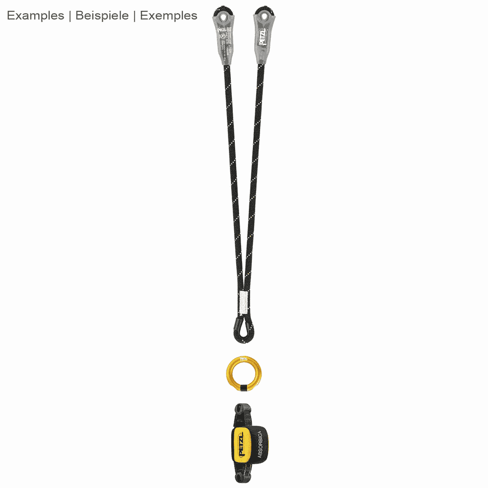 Example illustration with two black and yellow loops, a gold-coloured ring and an Absorbica by Petzl in yellow and black with white lettering