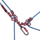 Gyro Lanyard Double with blue and red climbing ropes, red metal rollers, black protective cover and two grey carabiners with red clasp