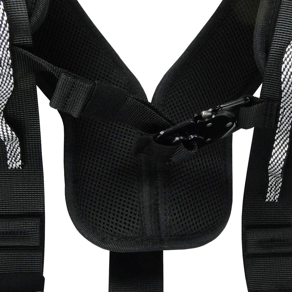 Close-up of the middle area of the Tree Austria Top harness system with black padding and metal closure