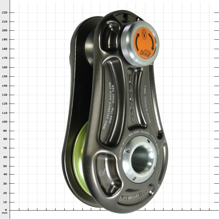 Impact Block L, grey metal block with green wheel and orange top dial