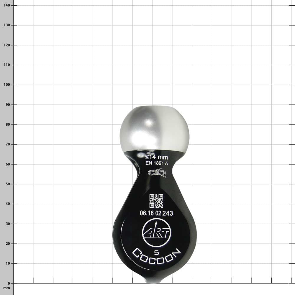 Cocoon 5, black and silver rope roller with prints and QR code, front view