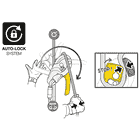 Drawing of a yellow Petzl I'D S climbing frame with hand symbols and inscriptions "AUTO-LOCK SYSTEM" and "STOP!"
