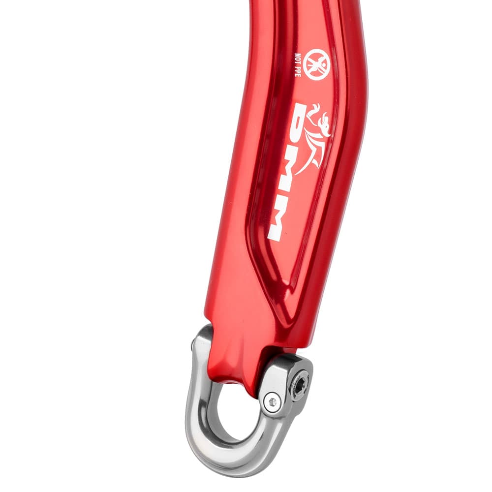 Close-up of the lower part of the captain of DMM, red metal with white logo and silver hook