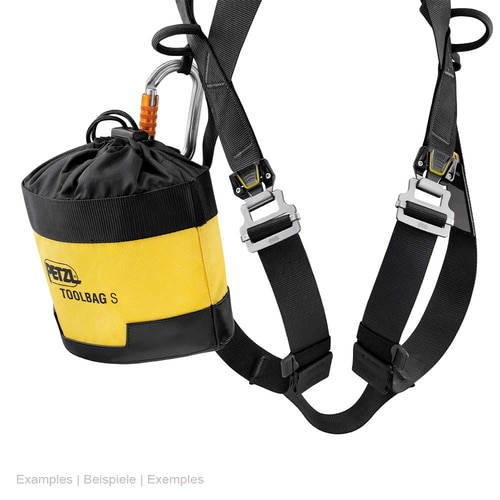Close-up of the Newton Fast harness by Petzl with yellow Petzl Toolbag S tool bag, attached to the black straps with snap hooks