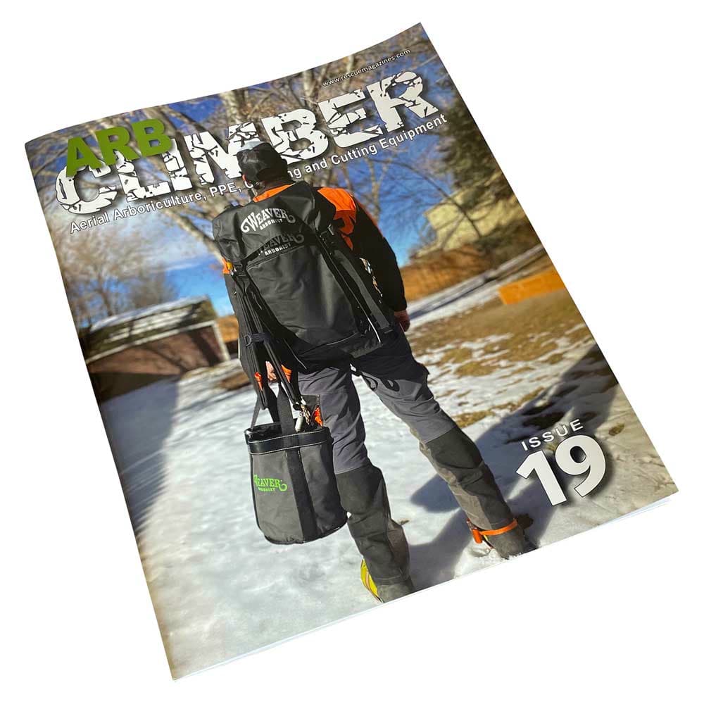 Arb Climber No. 19 magazine lies slightly tilted, shows the same person with a black backpack and tool bag in the snow, title "ARB CLIMBER" and issue 19 visible